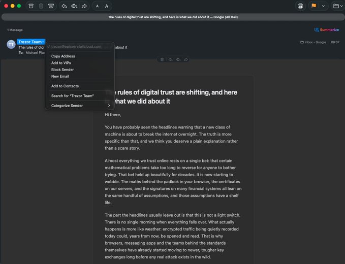 A screenshot of an Apple Mail email titled 'The rules of digital trust are shifting, and here is what we did about it — Google (AI Mail)' with a right-click context menu open showing options like Copy Address and Add to VIPs.