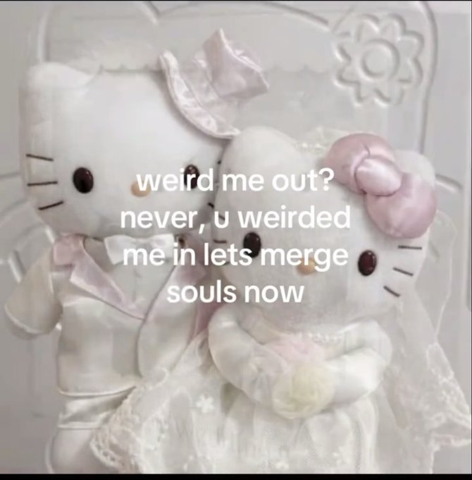 Two plush Hello Kitty dolls in wedding attire sit together with the text 'weird me out? never, u weirded me in lets merge souls now'.