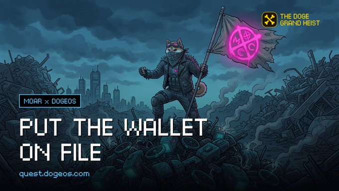 A promotional graphic for 'THE DOGE GRAND HEIST' featuring an animistic cat holding a flag with a pink anarchy logo, advertising 'PUT THE WALLET ON FILE' with the website quest.dogeos.com.