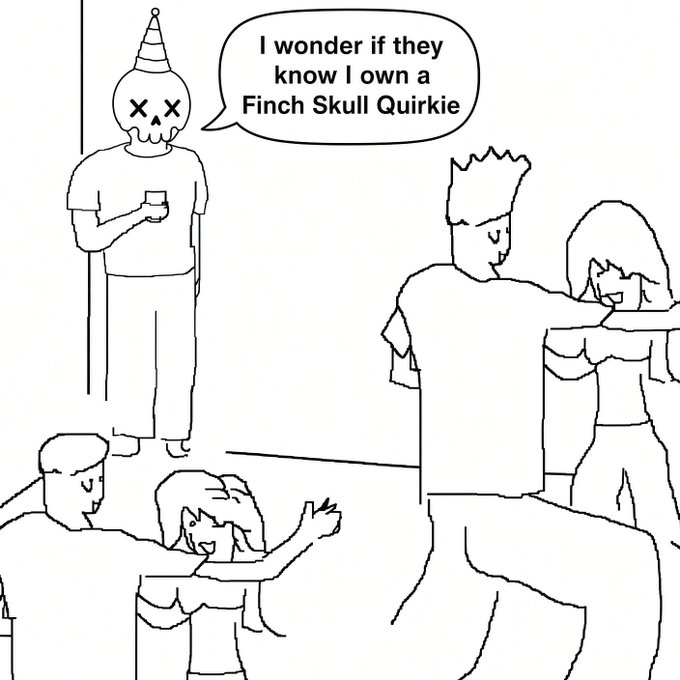A black-and-white comic depicts people at a party where a man in the background wearing a skull mask and party hat stands alone with a drink, thinking in a speech bubble: "I wonder if they know I own a Finch Skull Quirkie".