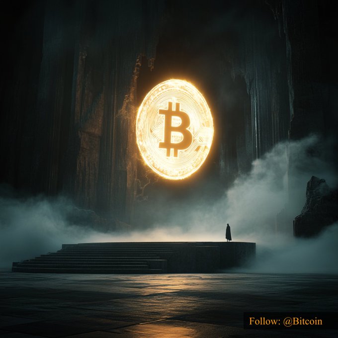 A glowing golden Bitcoin symbol floats above a dark, misty stone platform where a small cloaked figure stands, with 'Follow: @Bitcoin' written in the corner.
