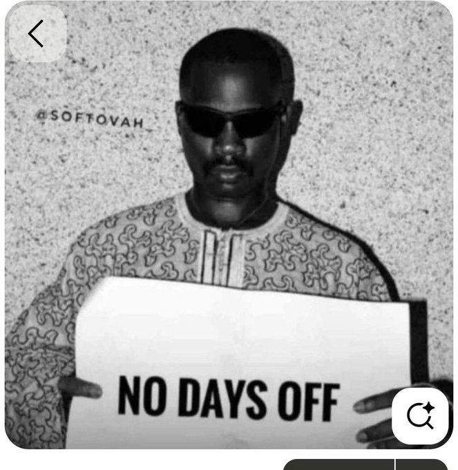 A black-and-white image shows a man wearing sunglasses and a patterned shirt holding a sign that reads 'NO DAYS OFF', with the watermark '@SOFTOVAH' visible.
