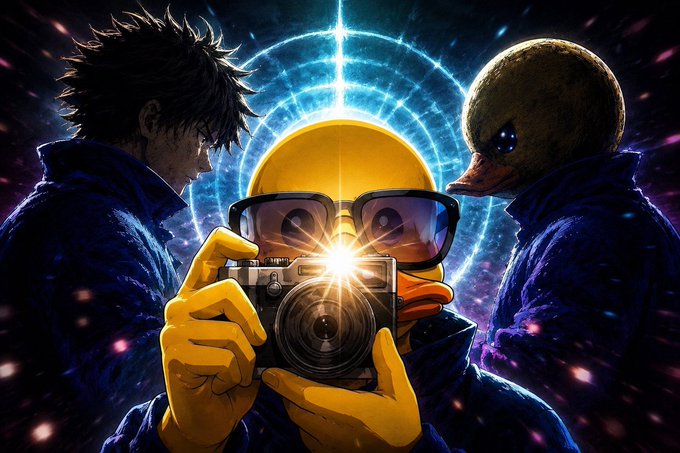 The image shows a stylized anime-inspired character with a yellow helmet and sunglasses holding a camera that emits a bright flash, flanked by a dark-haired figure on the left and a duck-headed figure on the right, all set against a cosmic, starry background with glowing blue rings. The cosmic, reveal-themed imagery complements the post's announcement of the first Tradoors NFT mint for $EPIK stakers, symbolizing the long-awaited unveiling of rewards earned through staking.