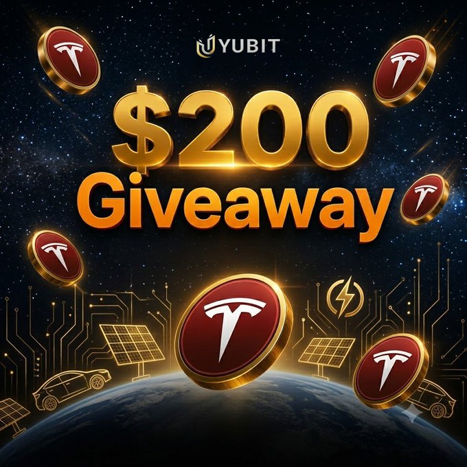 A promotional graphic for a $200 giveaway featuring the Yubit logo and Tesla "T" coins floating over a space-themed background with solar panels and circuit designs, advertising a trading competition with four $50 TSLA futures position coupons to coincide with Tesla's earnings report.