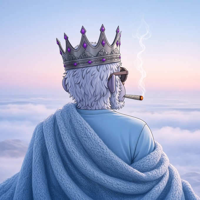 A digital illustration showing the back of an elderly bearded character wearing a jeweled crown and glasses, smoking a cigar, wrapped in a blue knitted blanket, overlooking a sky filled with clouds.