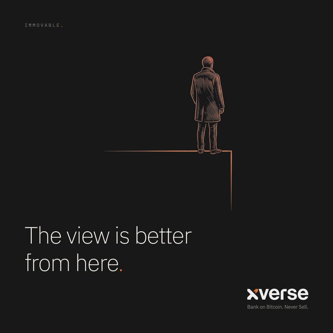 A lone figure in a long coat stands at the edge of a dark void, with the tagline "IMMOVABLE." in the top corner and the headline "The view is better from here." in the lower left beside the logo "xverse — Bank on Bitcoin. Never Sell." The illustration of a person stepping to the edge of an abyss visually echoes the post's message about stepping outside the traditional financial system to gain a clearer perspective, with the "immovable" stance symbolizing the conviction to hold Bitcoin.
