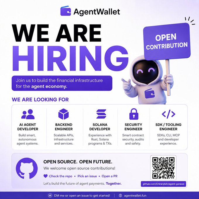 A job advertisement from 'AgentWallet' announcing 'WE ARE HIRING' for roles like AI Agent Developer, Backend Engineer, and Solana Developer to build the financial infrastructure for the agent economy.
