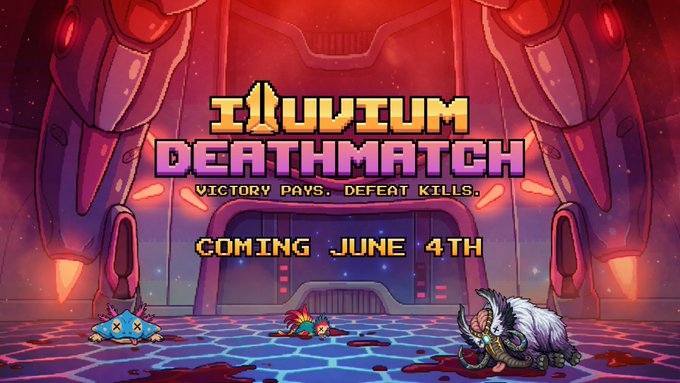 The image features a poster for an upcoming video game called "Illuviuum Deathmatch" that has been released. The poster showcases two characters, one of which is a dragon with red eyes, while the other is a white elephant. There are also several other characters in the scene, including a blue fish and a purple bird. The poster announces that there will be 10 challenges for players to enter the arena and compete against each other. It emphasizes that only 1 player can win this challenge, as the rest must face defeat. The game is set to launch on June 4th.
