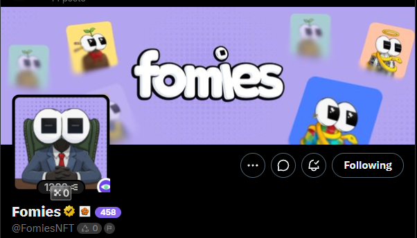 A social media profile header for 'Fomies' (@FomiesNFT) featuring cartoon NFT characters, with a follower count of 458.