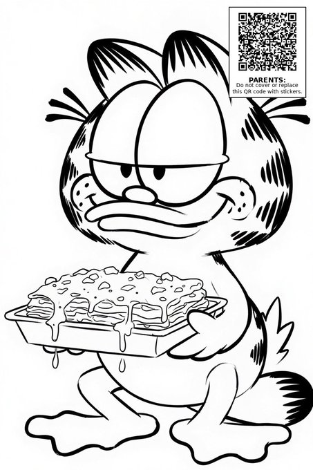 A black-and-white line art coloring page features Garfield holding a tray of lasagna, with a QR code in the top right corner accompanied by the text "PARENTS: Do not print this QR code with stickers." The image aligns with the post's description of converting Duckyverse NFTs into coloring book pages, showcasing one of the line art creations being shared.
