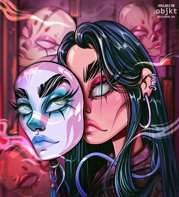 A vibrant digital illustration by artist_asti available on Objkt, depicting a woman holding a pale mask over part of her face, with ethereal figures and pink smoke in the background.