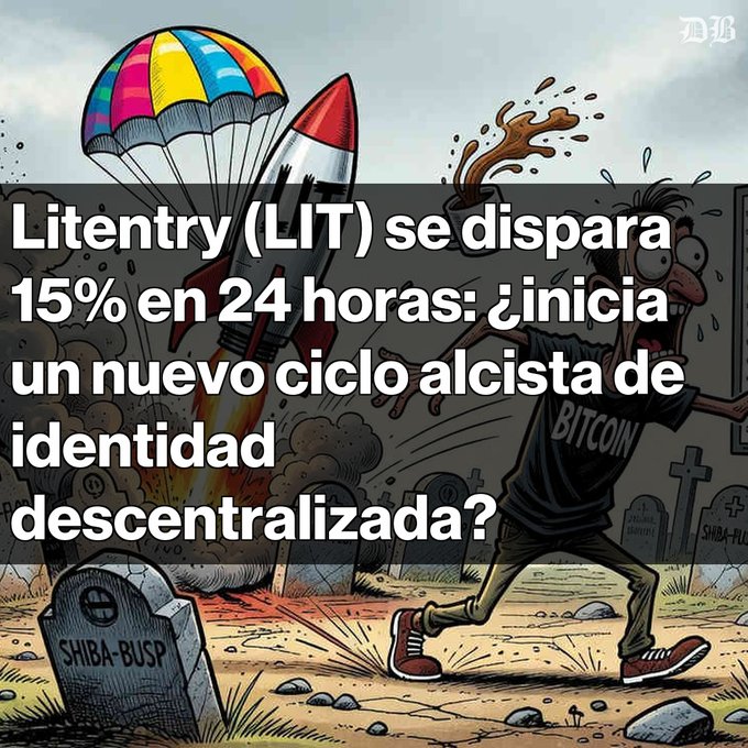 A man is running away from a rocket and a skull with a banner over his head that says "LIT se dispara 15% en 24 horas alcanzando USD $1.64 Volumen de negociación, 28% sobre la media mensual, indica un renovado interés Supera la SMA-200, señal de posible cambio de tendencia".