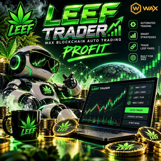 A promotional graphic for "LEEF TRADER" advertises "WAX BLOCKCHAIN AUTO TRADING" and "PROFIT," featuring a robot with sunglasses and cannabis leaf imagery alongside trading interface elements for LEEF pairs.