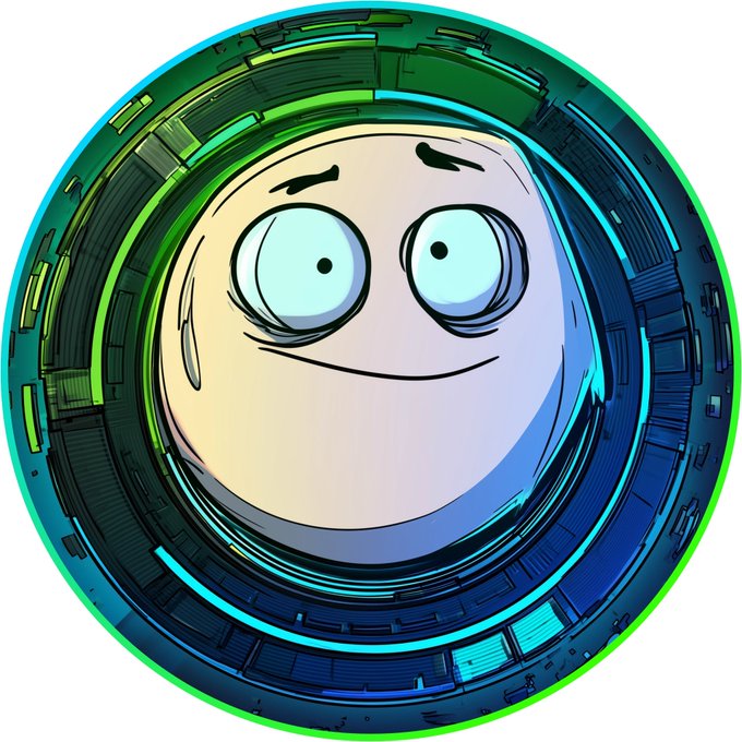 A cartoon-style smiling face meme encased in a circular mechanical/portal-like frame with blue and green accents.