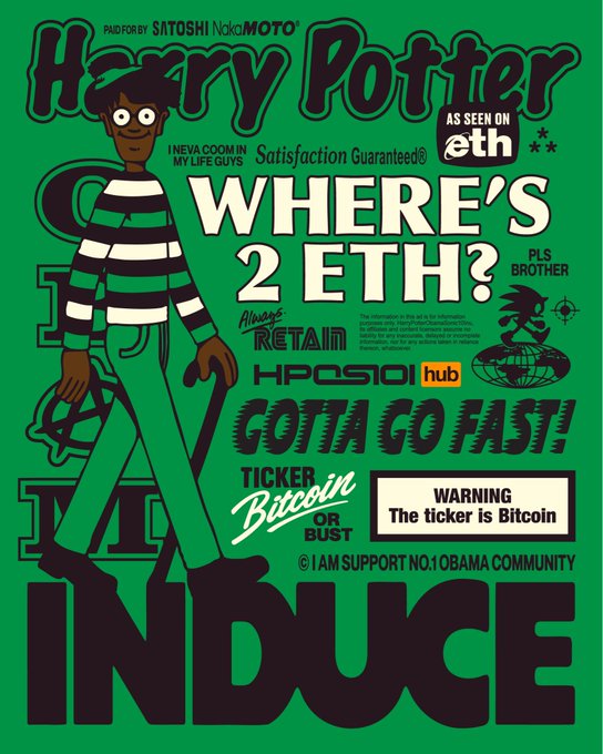 A green-themed graphic in the style of Slytherin house features a character with text 'Harry Potter AS SEEN ON eth', 'WHERE'S 2 ETH?', 'TICKER IS Bitcoin OR BUST', and various crypto and Harry Potter related memes.