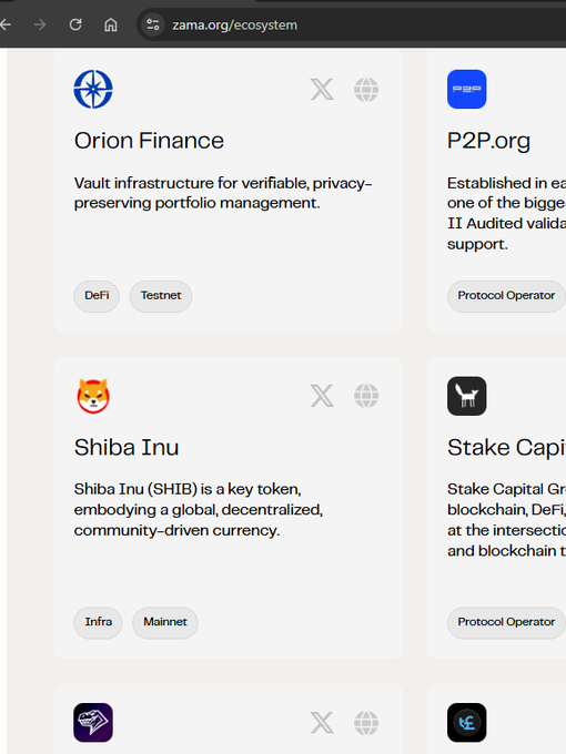 A screenshot from zama.org/ecosystem showing the 'Orion Finance' (DeFi, Testnet), 'Shiba Inu' (SHIB token, Infra, Mainnet), 'P2P.org', and 'Stake Capital' entries in a directory.
