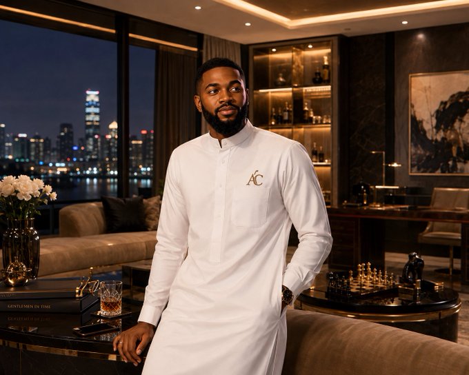 A portrait of a man wearing a white traditional tunic with gold 'AC' embroidery, standing in a luxurious high-rise room with a city skyline view, chess set, and bar area.