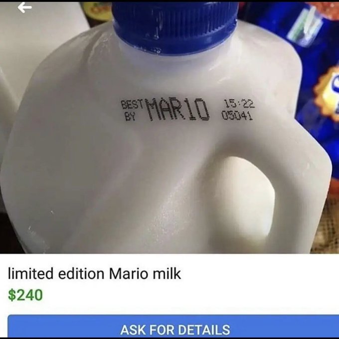 A milk jug with a blue cap displays 'BEST BY MARIO 15:22 03041' printed on it, advertised below as 'limited edition Mario milk' for $240 with an 'ASK FOR DETAILS' button.