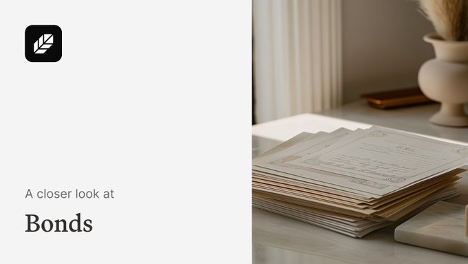 The image shows an elegant still life featuring a stack of antique paper bonds or stock certificates on a sunlit table, accompanied by a white vase with feathers, alongside text reading "A closer look at Bonds" with a small leaf logo. The vintage certificates visually echo the post's discussion of the massive $160.7 trillion global bond market and how tokenization is modernizing traditional access to these instruments.