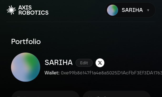 A screenshot of the AXIS ROBOTICS platform showing a 'Portfolio' section for user 'SARIHA' with a partial wallet address starting with '0xe99b86147f1a4e8a5025D1AcFbF3Ef3DA176...'.