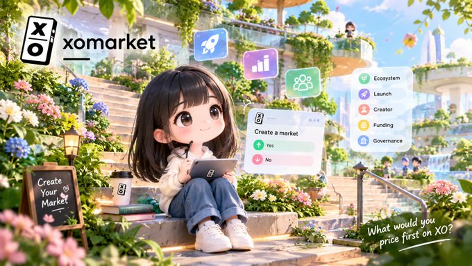 An illustrated promotional image for "xomarket" features an anime-style girl sitting on garden steps with a tablet, surrounded by a prompt asking "Create a market" with Yes/No buttons and feature icons for Ecosystem, Launch, Creator, Funding, and Governance, plus text reading "What would you price first on XO?"