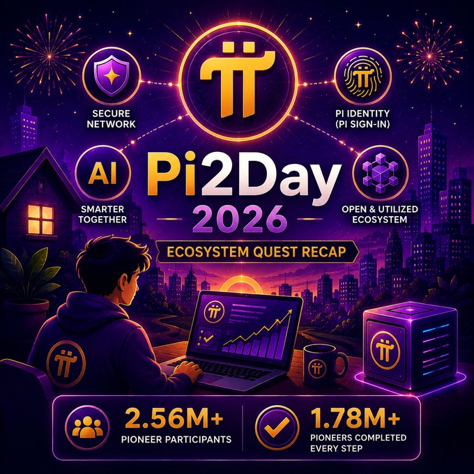 A promotional graphic for 'Pi2Day 2026' Ecosystem Quest Recap featuring the Pi Network logo, highlighting 2.56M+ pioneer participants and 1.78M+ pioneers completing every step, with icons for Secure Network, Pi Identity, AI, and Open Ecosystem.
