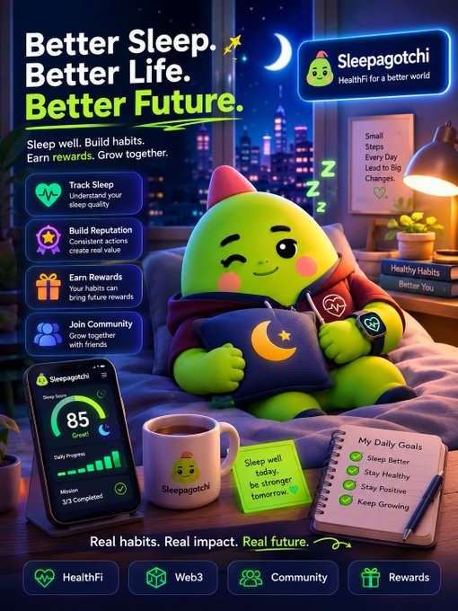 An advertisement for 'Sleepagotchi' HealthFi app featuring the tagline 'Better Sleep. Better Life. Better Future.' and showing a green, round character sleeping on a bed, a phone displaying a 'Sleep Score 85', and features like 'Track Sleep', 'Build Reputation', and 'Earn Rewards'.