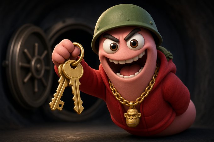 A 3D-rendered cartoon character resembling a worm wearing a green military helmet, red hoodie, and gold chain holds up two large golden keys in front of a dark vault door.
