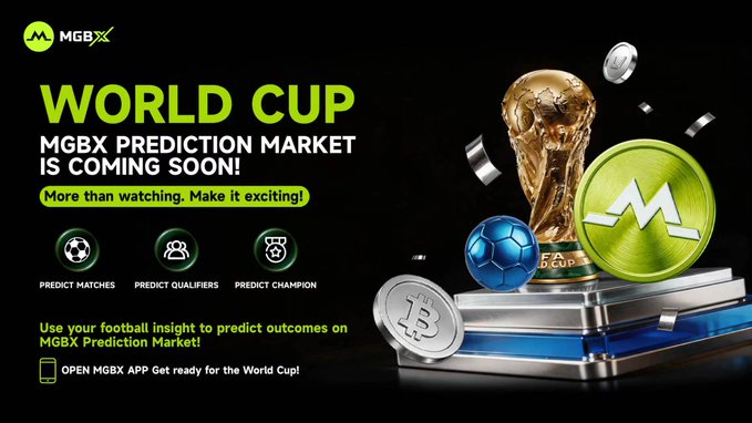 In this image, there are several objects related to a prediction market set for next week's World Cup games. The objects include a large gold soccer ball, a soccer goal, a few coins (likely representing predicted outcomes), and an app icon on a website. Above all these items is text providing information about the upcoming FIFA Prediction Market, including that it will be open next week.