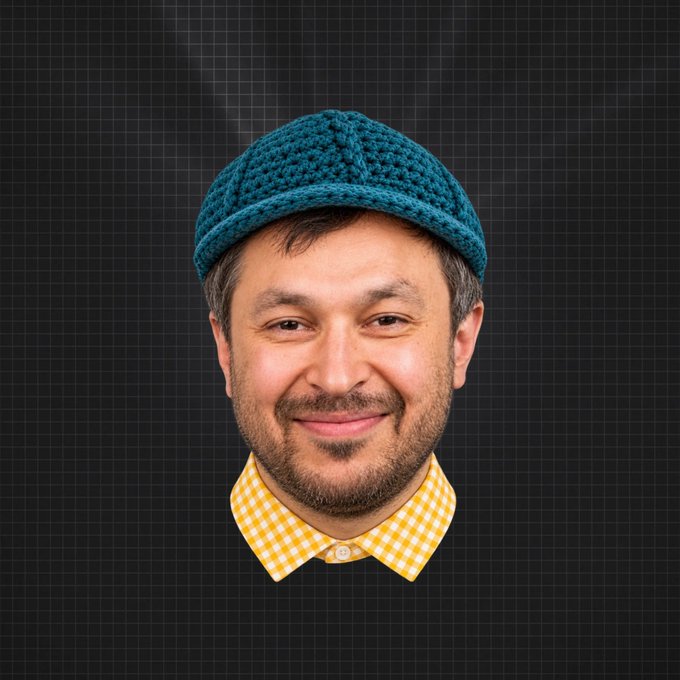 A digitally cutout portrait shows a smiling bearded man wearing a teal knit cap and a yellow checkered shirt against a dark grid background.
