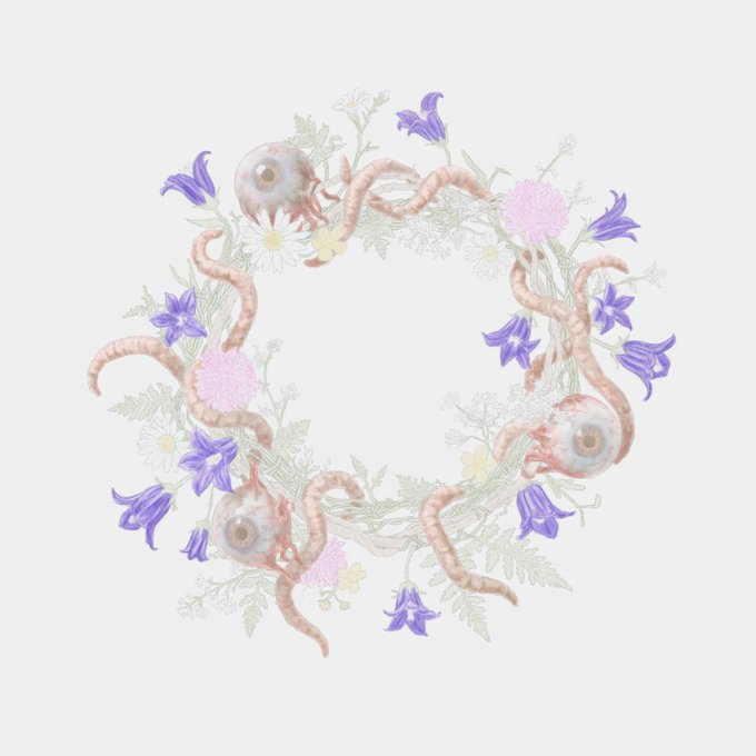The image features a wreath made up of various flowers, including purple and blue ones, as well as some pink and white flowers. The wreath has a circular shape with a large eye at its center, giving it an artistic and unique appearance. The background is white, which contrasts nicely with the colorful flowers in the wreath. The image also includes text that reads "Don' be afraid of the ugly faze Morning".