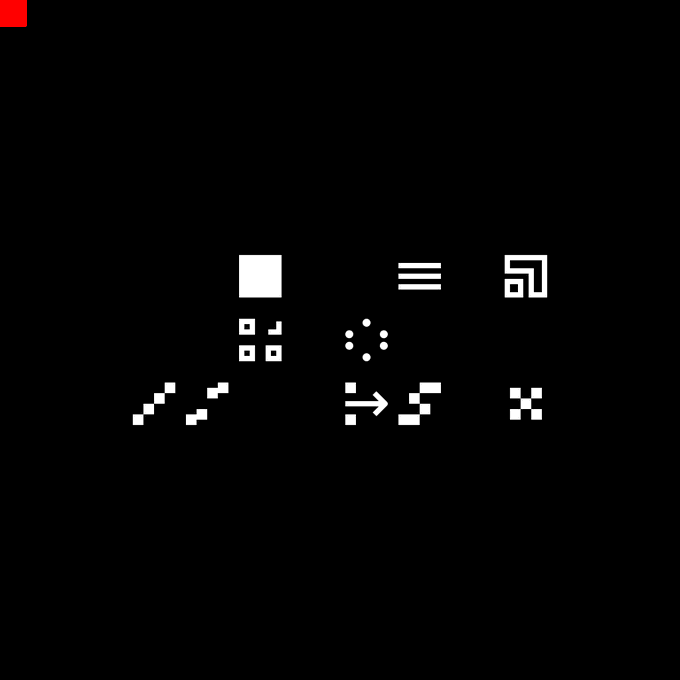 A black background displaying various white pixel-art icons including a solid square, text lines, a document, QR code-like squares, dot patterns, staircases, arrows, and a checkerboard.