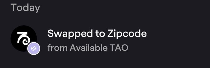 A dark-themed notification showing "Today: Swapped to Zipcode from Available TAO" with a stylized arrow icon and a lightning bolt badge.