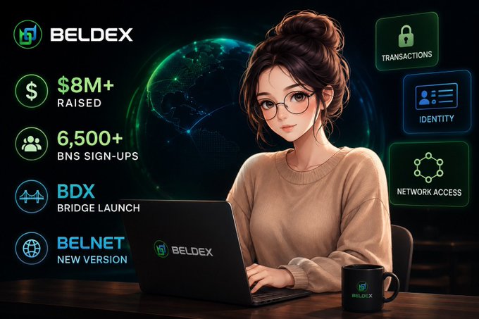 Promotional graphic for BELDEX cryptocurrency highlighting $8M+ raised, 6,500+ BNS sign-ups, BDX Bridge Launch, and Belnet New Version, featuring an illustrated woman with glasses at a laptop.