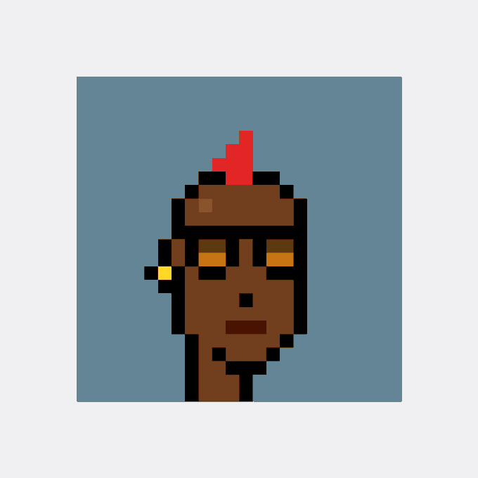 A pixel art portrait of a dark-skinned character with glowing orange eyes, a yellow earring, and a red flame on their head, set against a blue-gray background.