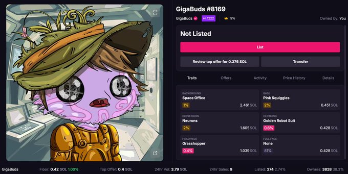 A screenshot of a GigaBuds NFT marketplace listing for "GigaBuds #8169," a pink "Pink Squiggles" character named "Neurons" with traits including "Space Office" (1%) and "Grasshopper" (0.4%), currently unlisted with a floor price of 0.42 SOL and 2,461 SOL volume. The post relates to adopting this GigaBuds NFT as part of public minting for the Grass ($GRASS) airdrop, with a question about whether crypto punks will explode in a few years.