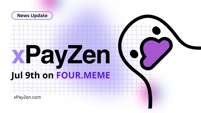 A promotional graphic for xPayZen's token launch announcement, featuring the text "xPayZen" and "Jul 9th on FOUR.MEME" alongside an abstract purple and black character illustration on a grid background. The image serves as a visual teaser for the $xPayZen token's upcoming launch on the Four.Meme platform, with the date and website "xPayZen.com" prominently displayed to build anticipation for the July 9th release.