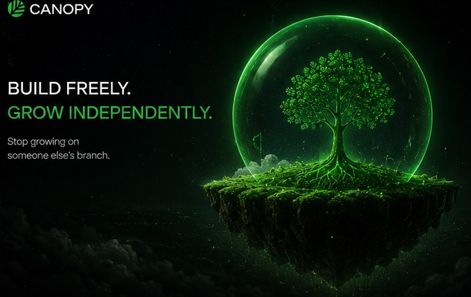 The image features a large tree growing out of a glass dome with green leaves floating above it. Below the tree, there are two lines of text that read "Build freely. Grow independently." The background of the image is dark, which contrasts with the vibrant colors and shapes in the foreground.
