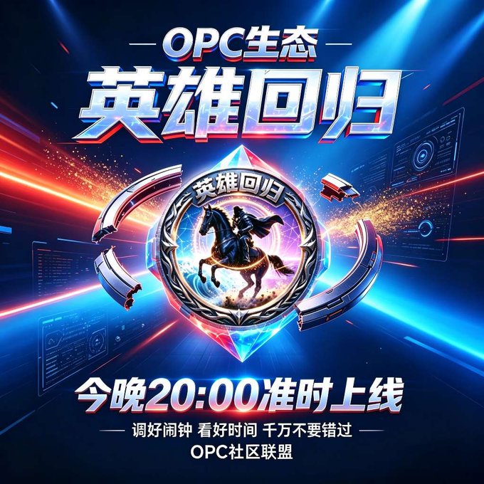 A vibrant promotional graphic in Chinese features a warrior on horseback within a metallic emblem, with text including 'OPC生态 英雄回归' (OPC Ecosystem Hero Returns) and '今晚20:00准时上线' (Launching tonight at 20:00 sharp).