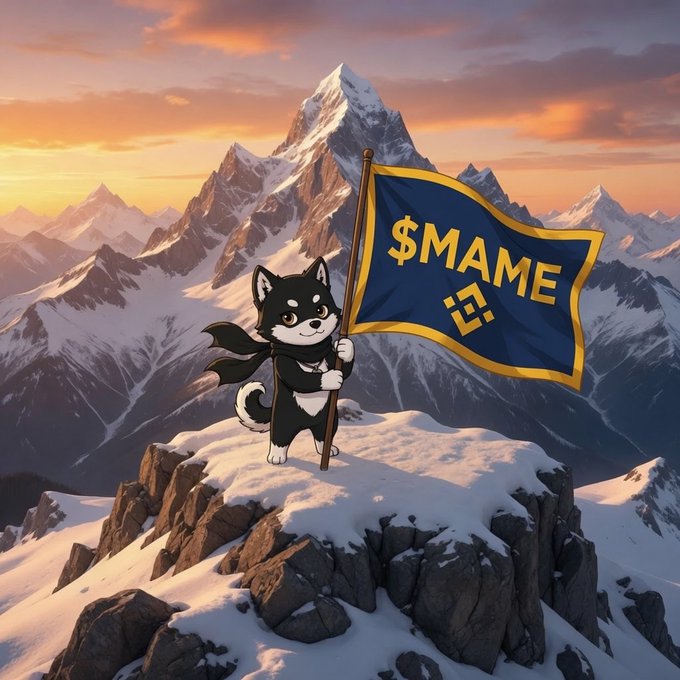 The image features a cartoon dog standing on top of a snowy mountain, holding up a blue flag with the word "MAME" written on it. The flag appears to be raised high above the dog's head, indicating that they have achieved something significant or accomplished a goal. The caption at the bottom of the image reads: "Peak achieved. Flag raised. $MAME is here!".
