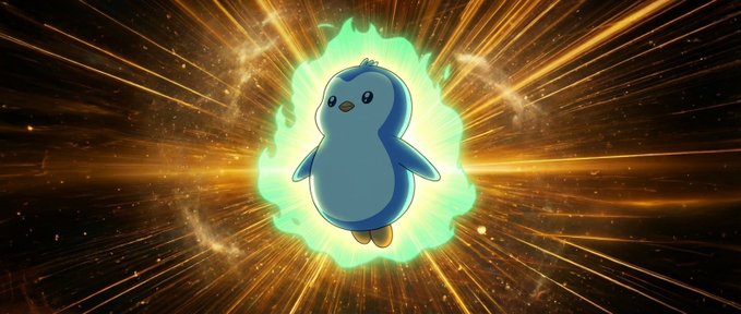 Cartoon penguin character surrounded by glowing green flames against a cosmic background with golden light streaks radiating outward.