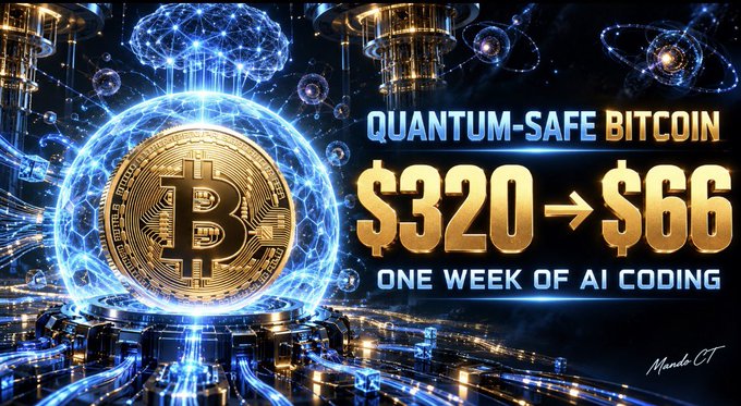 A futuristic digital banner featuring a glowing gold Bitcoin inside a protective quantum shield, with bold text reading "QUANTUM-SAFE BITCOIN," "$320 → $66," and "ONE WEEK OF AI CODING," illustrating how AI-assisted development dramatically cut the computing cost of creating quantum-resistant Bitcoin transactions within just seven days.