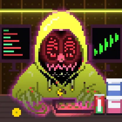 A pixel art illustration depicts a hooded, skeletal figure in a yellow-green robe with glowing red eyes working at a computer desk, with stock chart graphics displayed on screens behind it.
