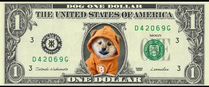 A customized US one-dollar bill parody featuring the Doge Shiba Inu wearing an orange Bitcoin hoodie, with the text 'DOG ONE DOLLAR' and 'THE UNITED STATES OF AMERICA' replacing standard currency elements.