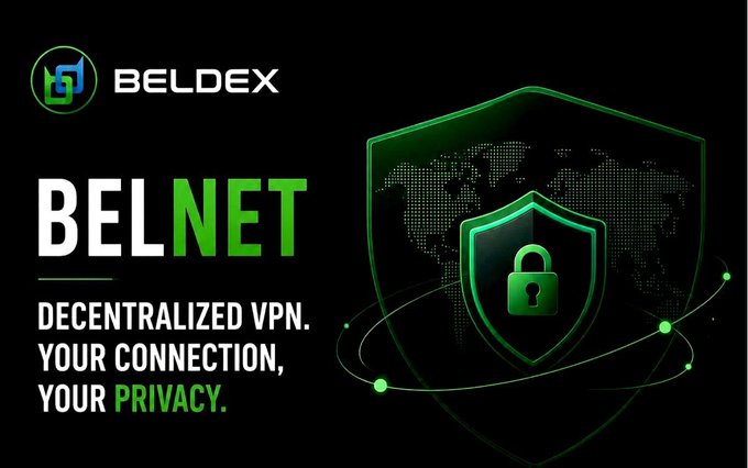 The image is a promotional graphic for Beldex's "BELNET" decentralized VPN, featuring the Beldex logo in the top left alongside a large green shield icon with a padlock, set against a black background with a dotted world map and orbital lines symbolizing global privacy and security. The tagline reads "DECENTRALIZED VPN. YOUR CONNECTION, YOUR PRIVACY." 

The graphic visually reinforces the post's message by depicting Belnet as a secure, unobtrusive shield that protects your connection worldwide without requiring complicated configurations.