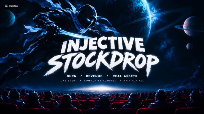 Promotional graphic for "Injective Stockdrop" featuring a hooded figure with a glowing blue sword, with subtitle text "Burn / Revenue / Real Assets" and "One Event · Community Powered · Fair For All".