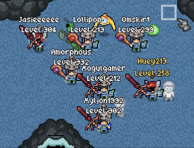 A group of pixel-art characters, including Jasieeeeee (Level 394), Lollipop (Level 213), Omskirt (Level 293), Amorphous (Level 332), Mogulgamer (Level 212), Huey213 (Level 258), and Ayljon1992 (Level 302), gather armed with weapons in a rocky, cavernous setting, readying themselves for a dungeon risk event called "Risk2Earn."

The image illustrates the "Risk2Earn" event starting at 18:00 UTC, where players risk Keys to collect Diamonds within a 30-minute dungeon challenge over six days.