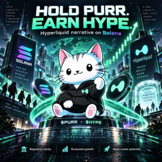 A promotional crypto graphic titled "HOLD PURR. EARN HYPE. Hyperliquid narrative on Solana" featuring a white cartoon cat, the Solana logo, and chart imagery.