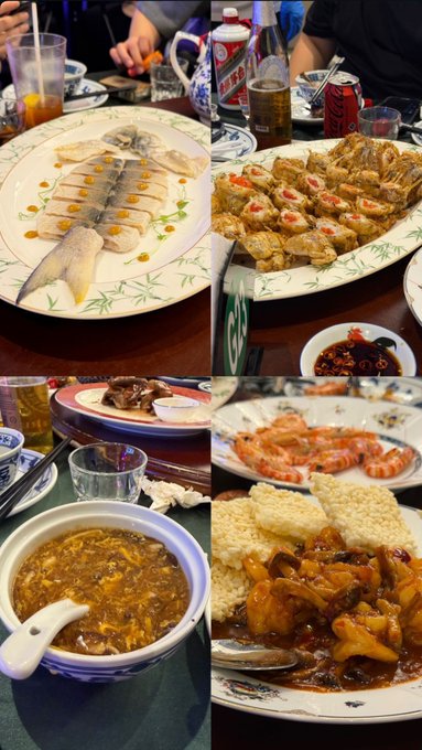 A four-panel collage of a Chinese meal featuring steamed fish with sauce, stuffed bitter melon with red peppers, shrimp, and a hot pot dish with rice cakes and mushrooms, served with beer and soda.