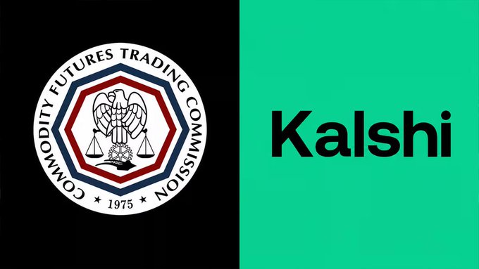 The image is split in half, showing the official seal of the Commodity Futures Trading Commission (CFTC, est. 1975) on the left against a black background, and the "Kalshi" logo on the right against a teal background — visually representing the legal battle between the CFTC and the Kalshi prediction market platform referenced in the post.